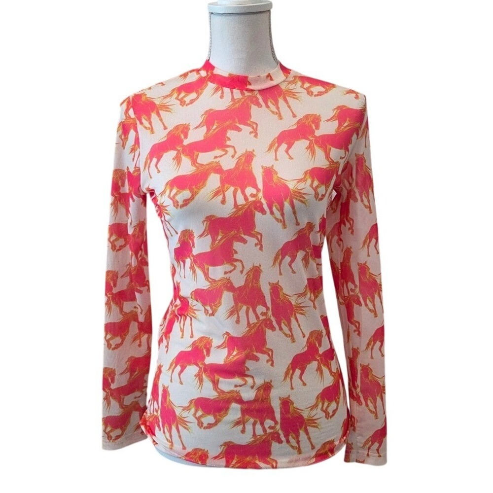 Turquoise Haven Horse Print Mesh Top Slim Mock Neck Pink Western Festival Small